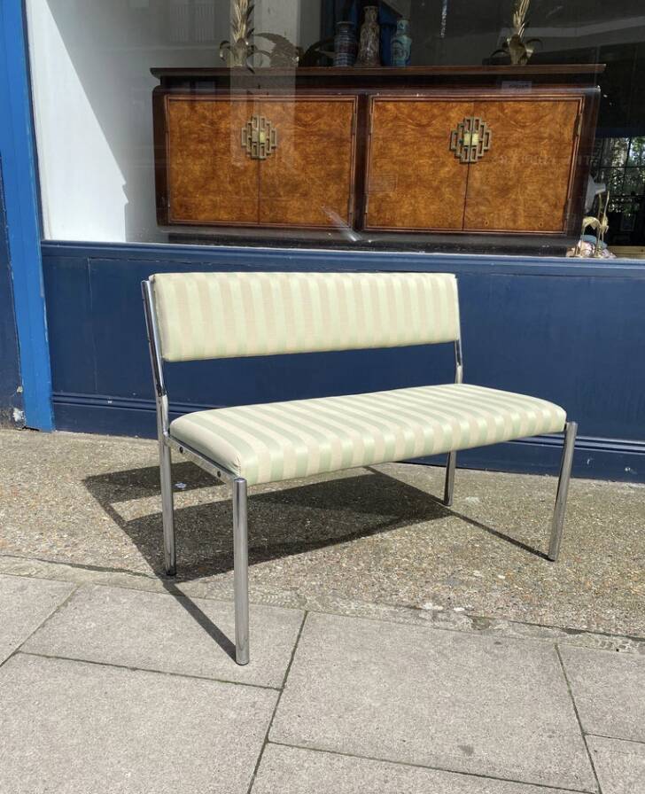 Chrome Bench Green Stripped 1970s Hollywood Regency Modernist Vintage