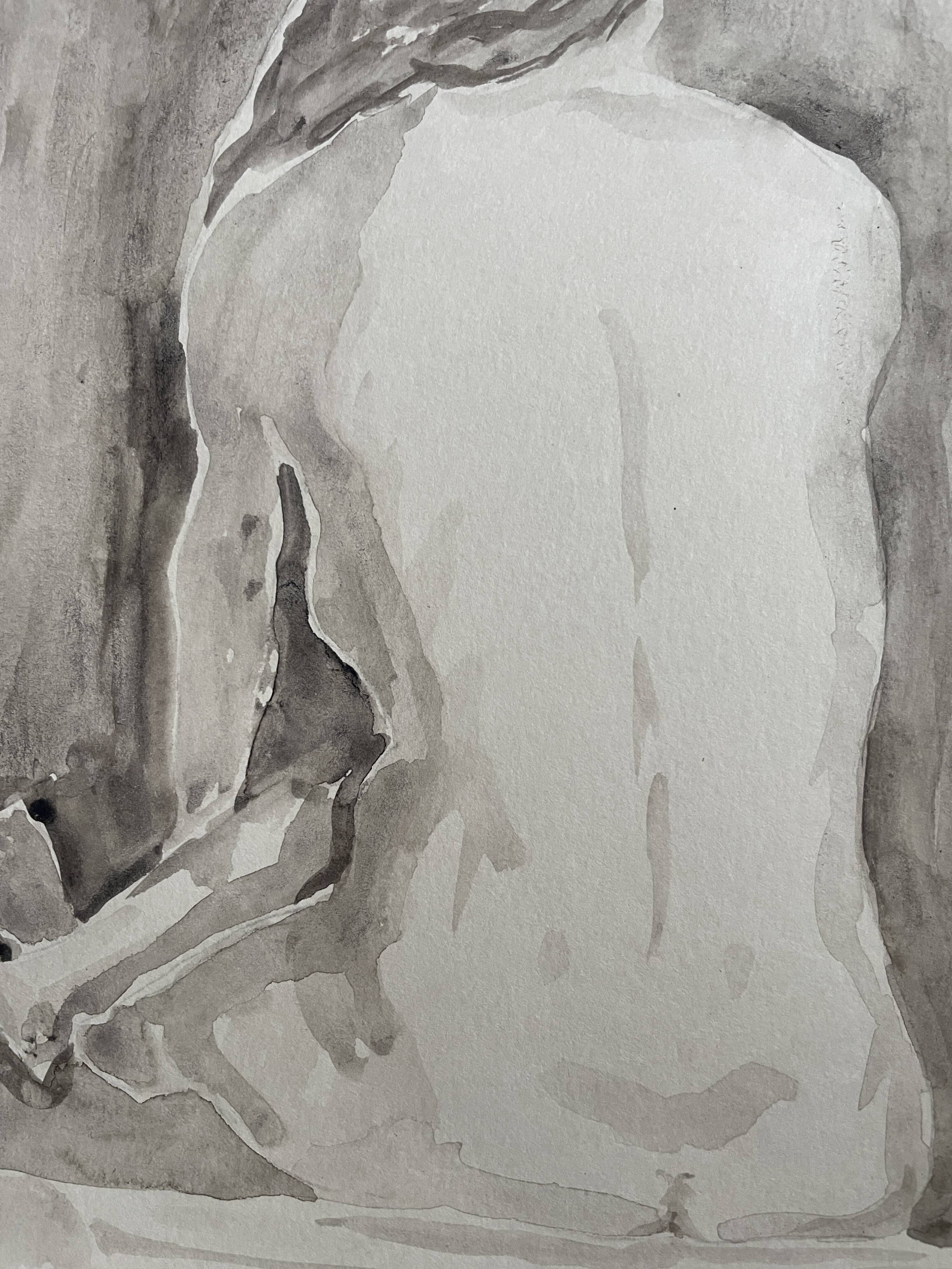 Painting signed watercolor monochrome sepia female nude portrait seated from behind