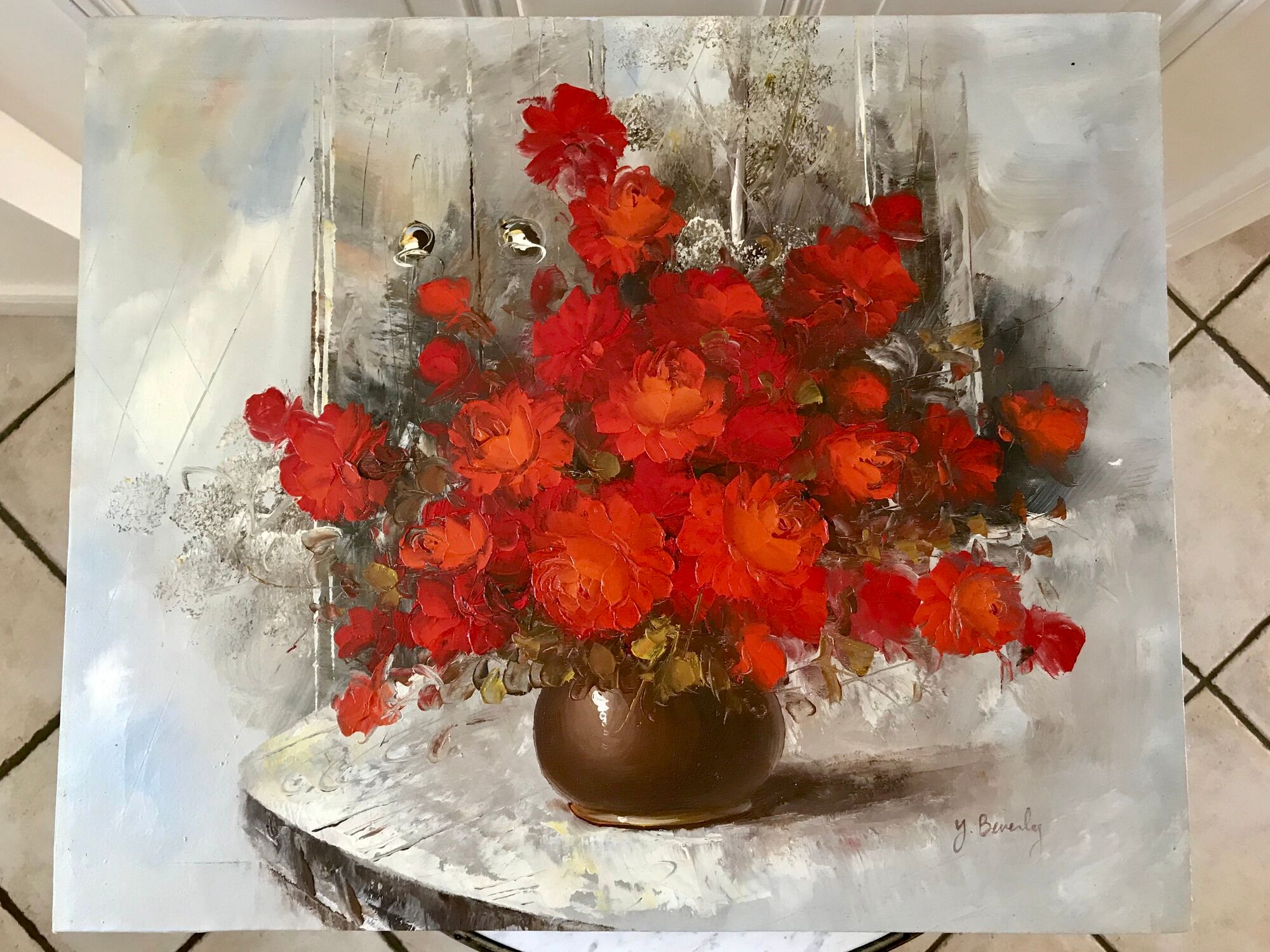 Old oil on canvas painting bouquet of red flowers signed