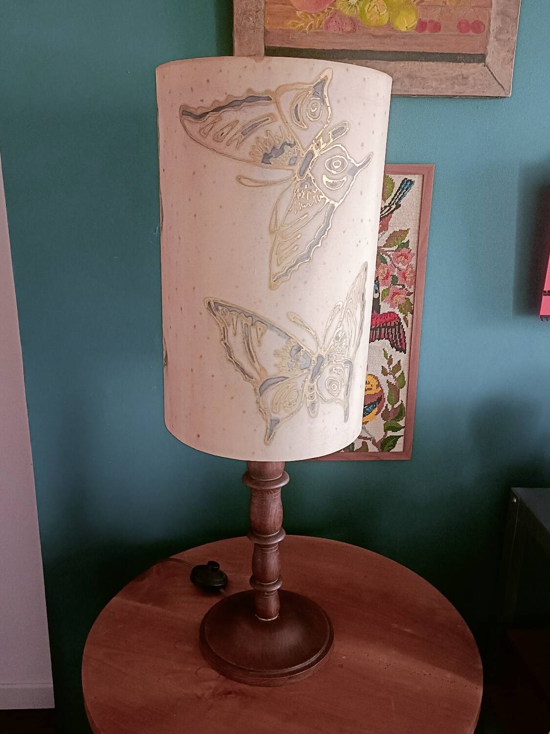 Turned wood lamp and silk lampshade