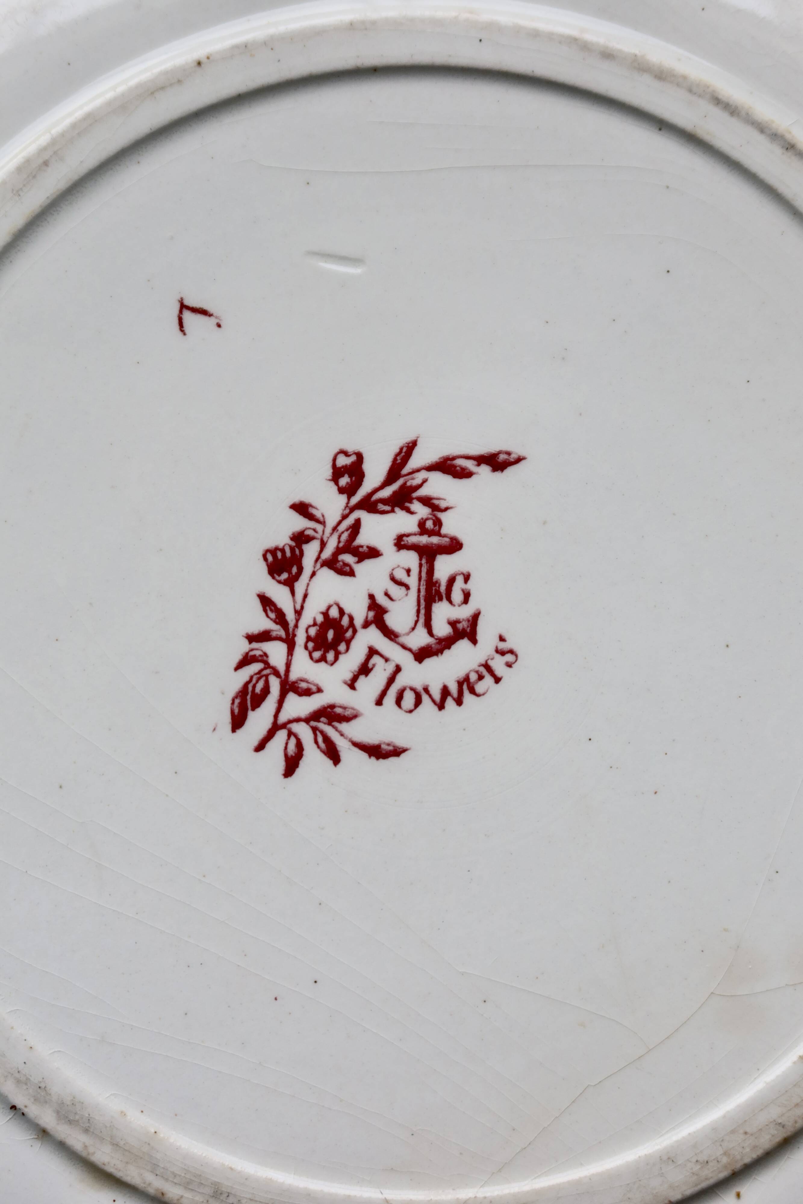 Round serving dish, old ironstone S&G - Decorated with birds and vegetation.