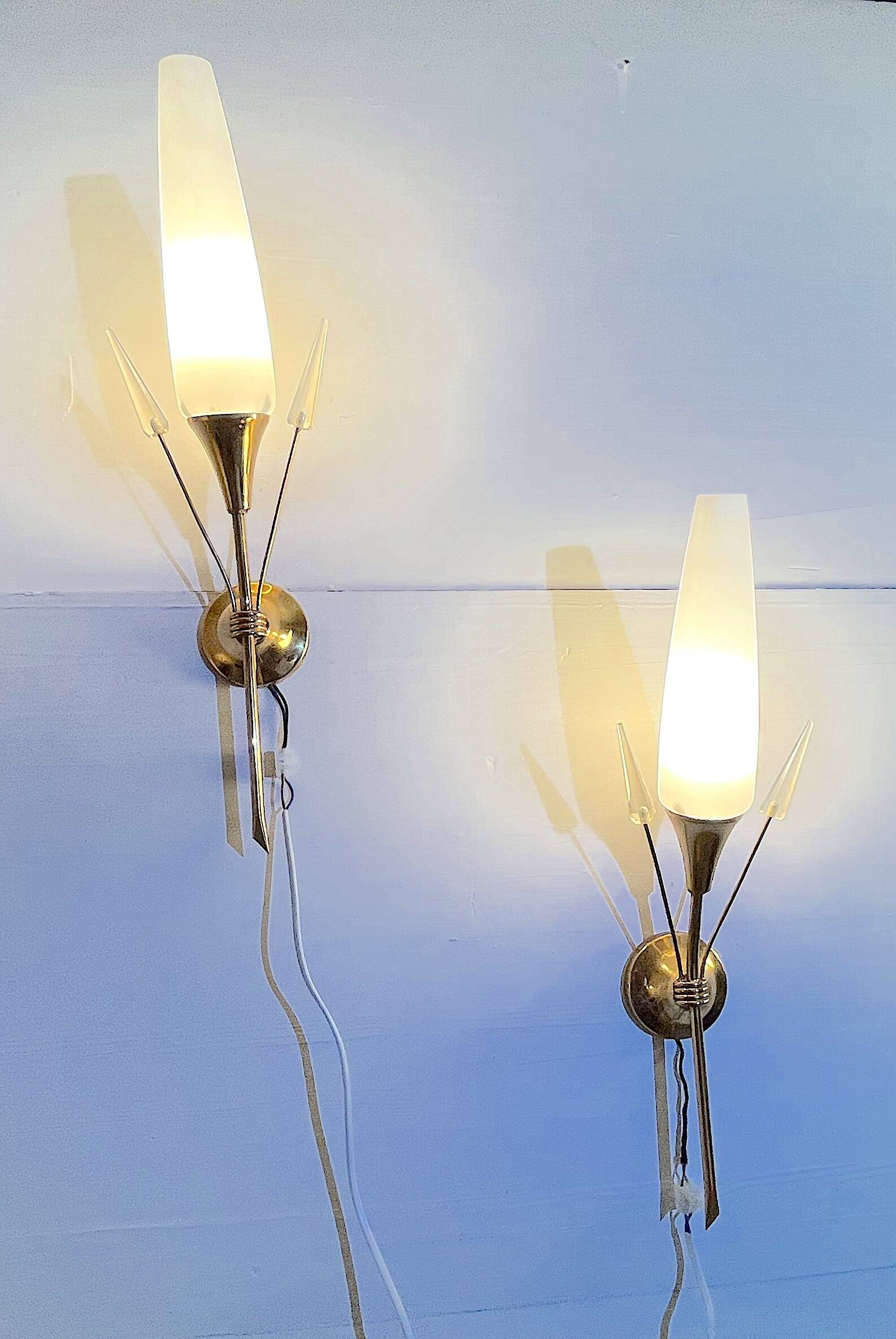 Pair of brass and opaline sconces, Maison Arlus, France, Mid-Century