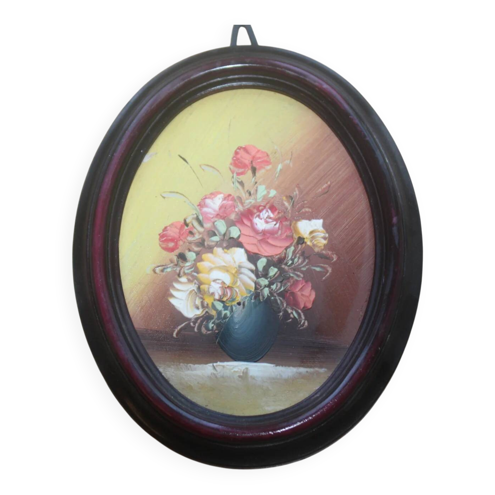Small vintage oval painting – Raised bouquet of flowers – Retro burgundy frame