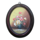 Small vintage oval painting – Raised bouquet of flowers – Retro burgundy frame