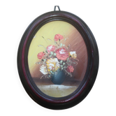 Small vintage oval painting – Raised bouquet of flowers – Retro burgundy frame