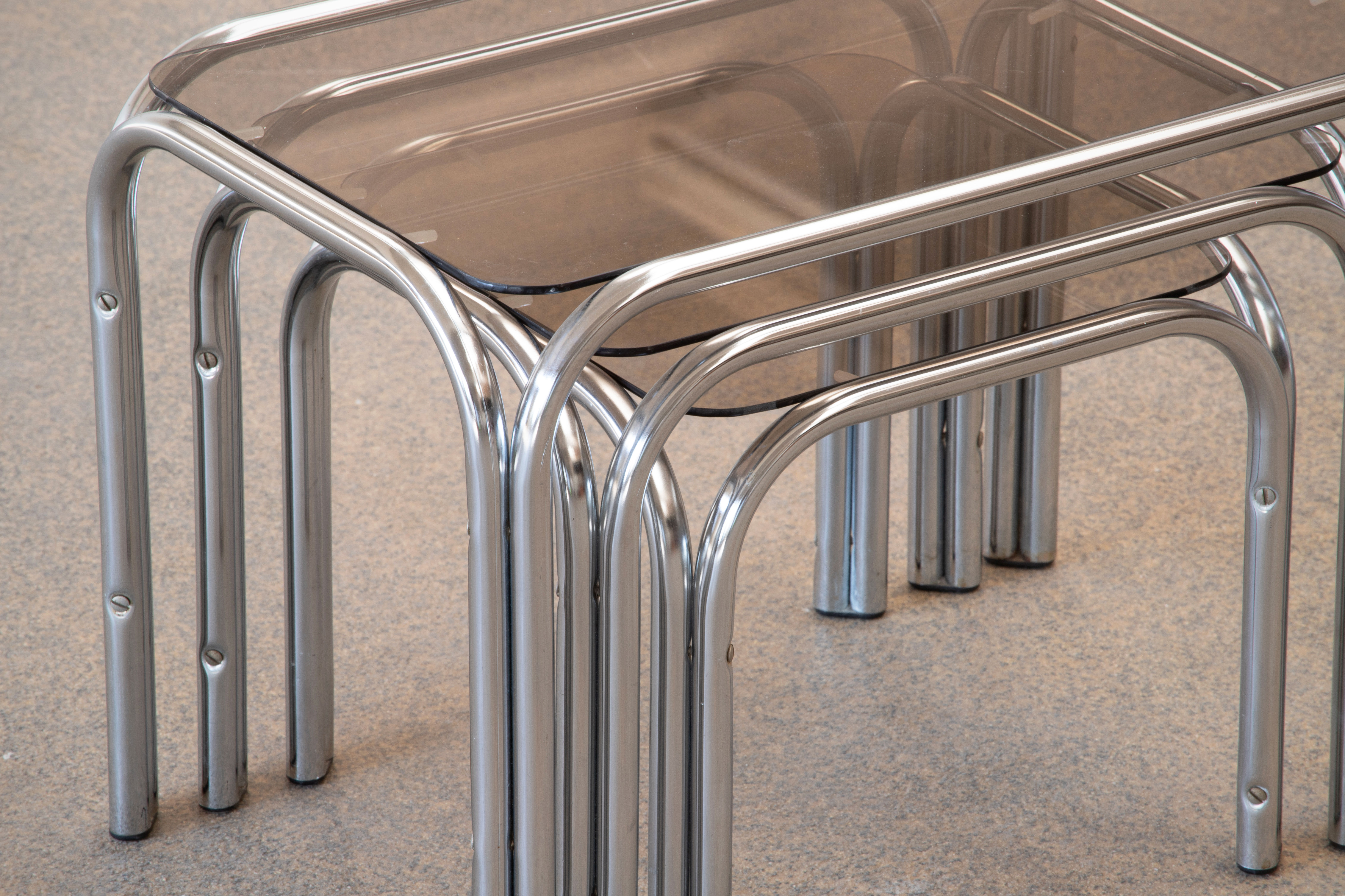 Vintage chrome and glass built-in coffee tables 1970