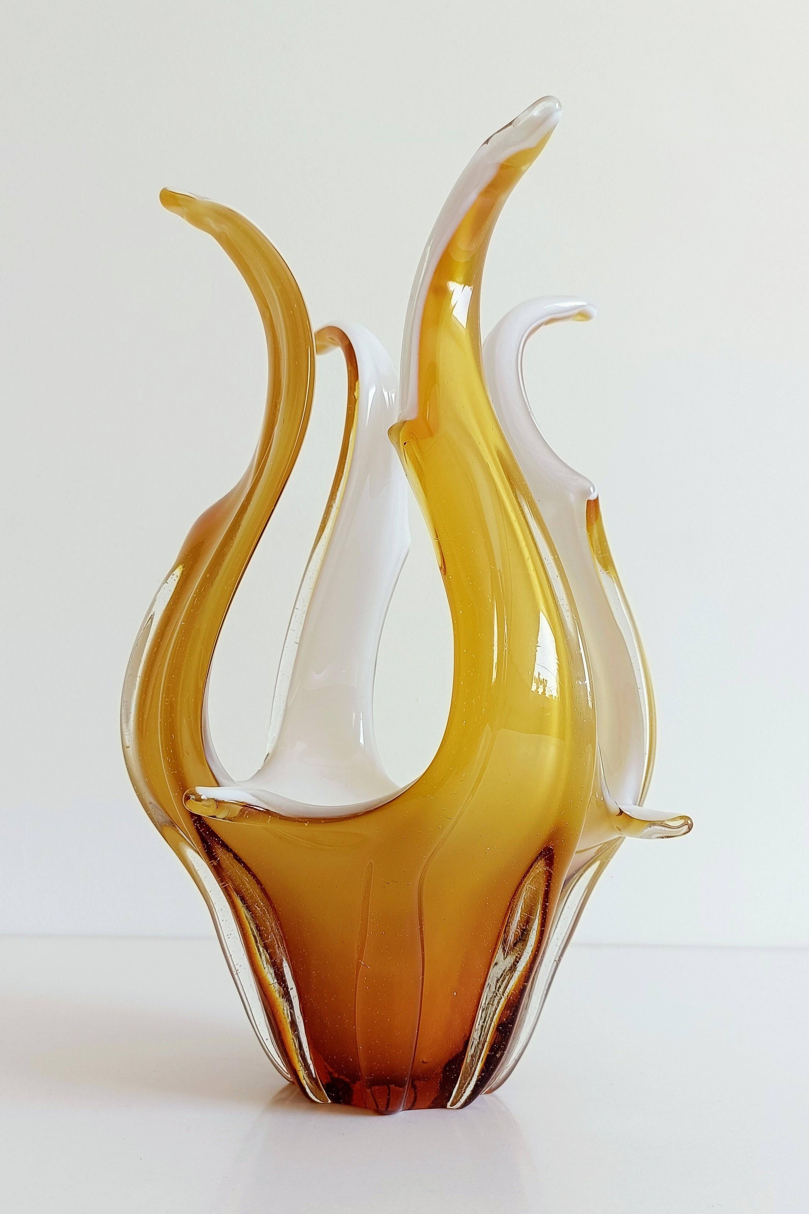 Mid-Century Modern Murano Glass Vase, Amber & Opal, Italy, 1960s