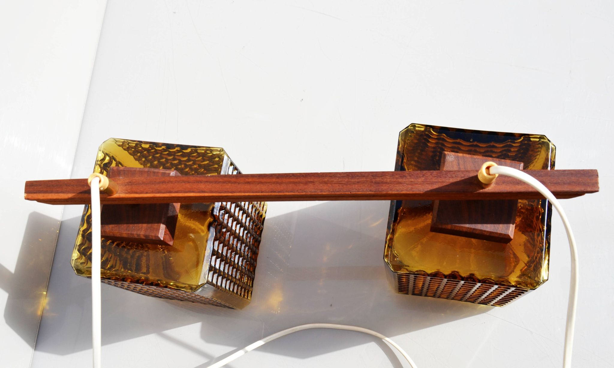 Vintage scandinavian smoked glass and teak dual pendant light by Orrefors, 1960s