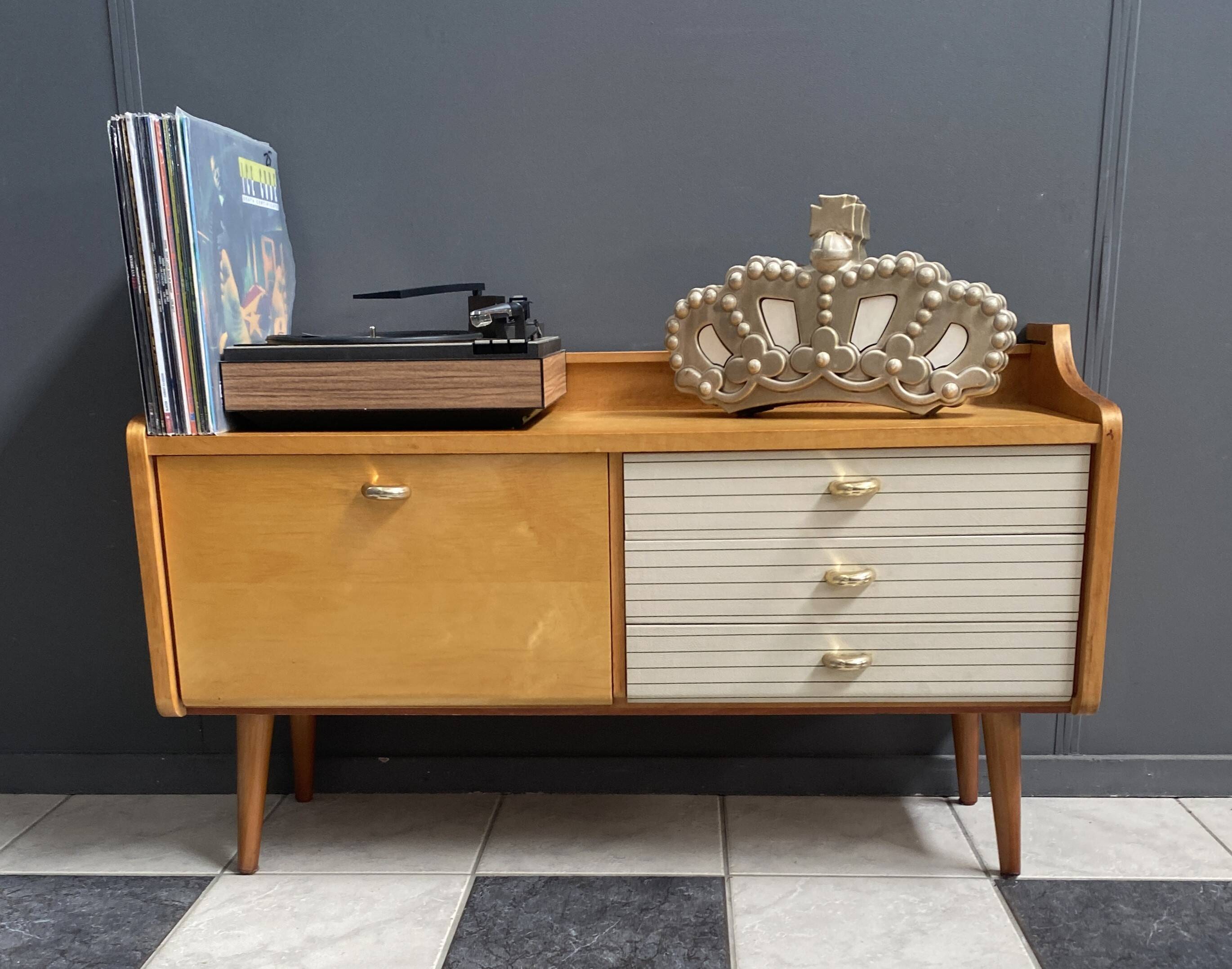 Low sideboard, white leatherette drawer fronts, 1960s