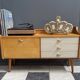 Low sideboard, white leatherette drawer fronts, 1960s