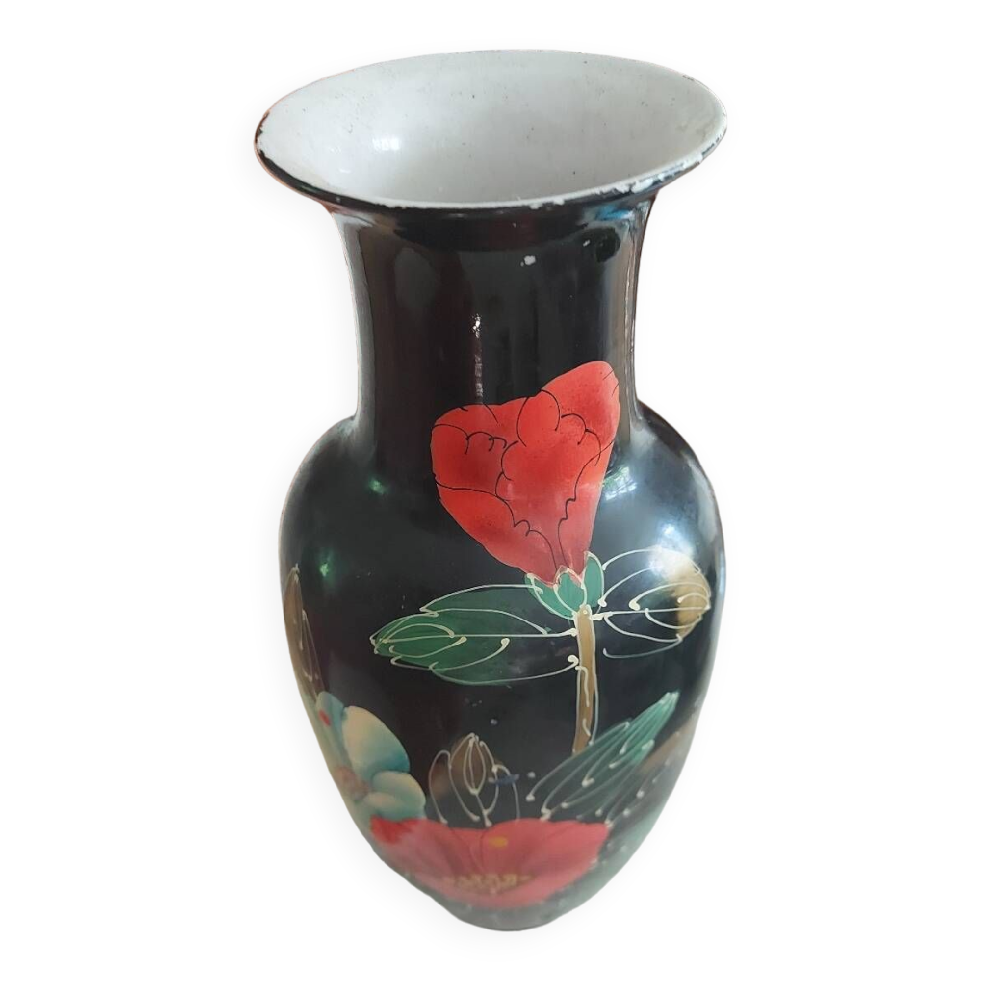 Vase chinois émaillé noir et décor de fleurs rouges