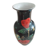 Black enameled Chinese vase with red flower decoration