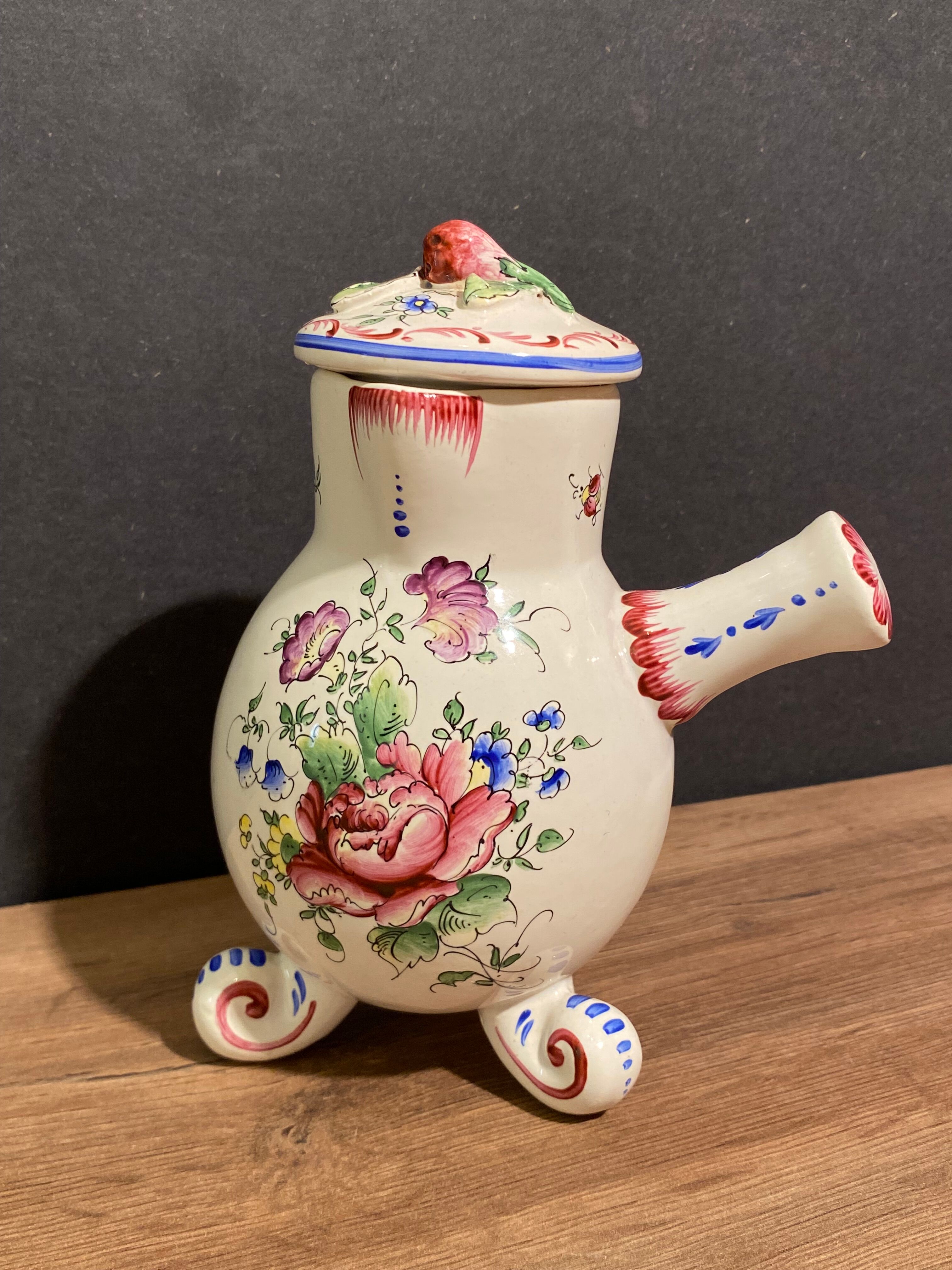 Clamecy earthenware chocolate pourer with polychrome floral decoration