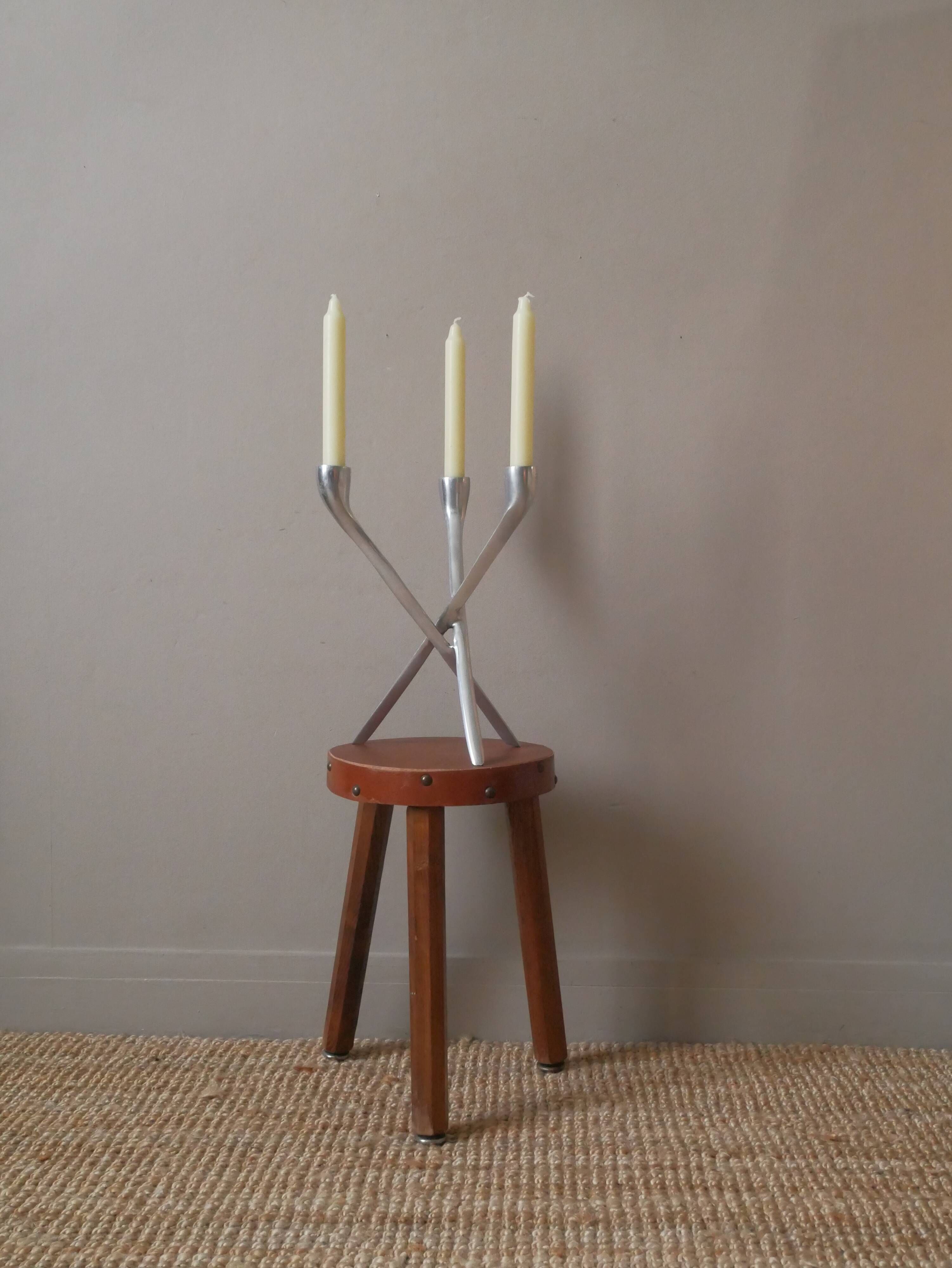 Aluminum candle holder tripod chrome vintage 70s candelabra candlestick Scandinavian design