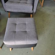 Set of 2 mid-century grey and black ottomans in fabric and eco-leather, wooden legs.