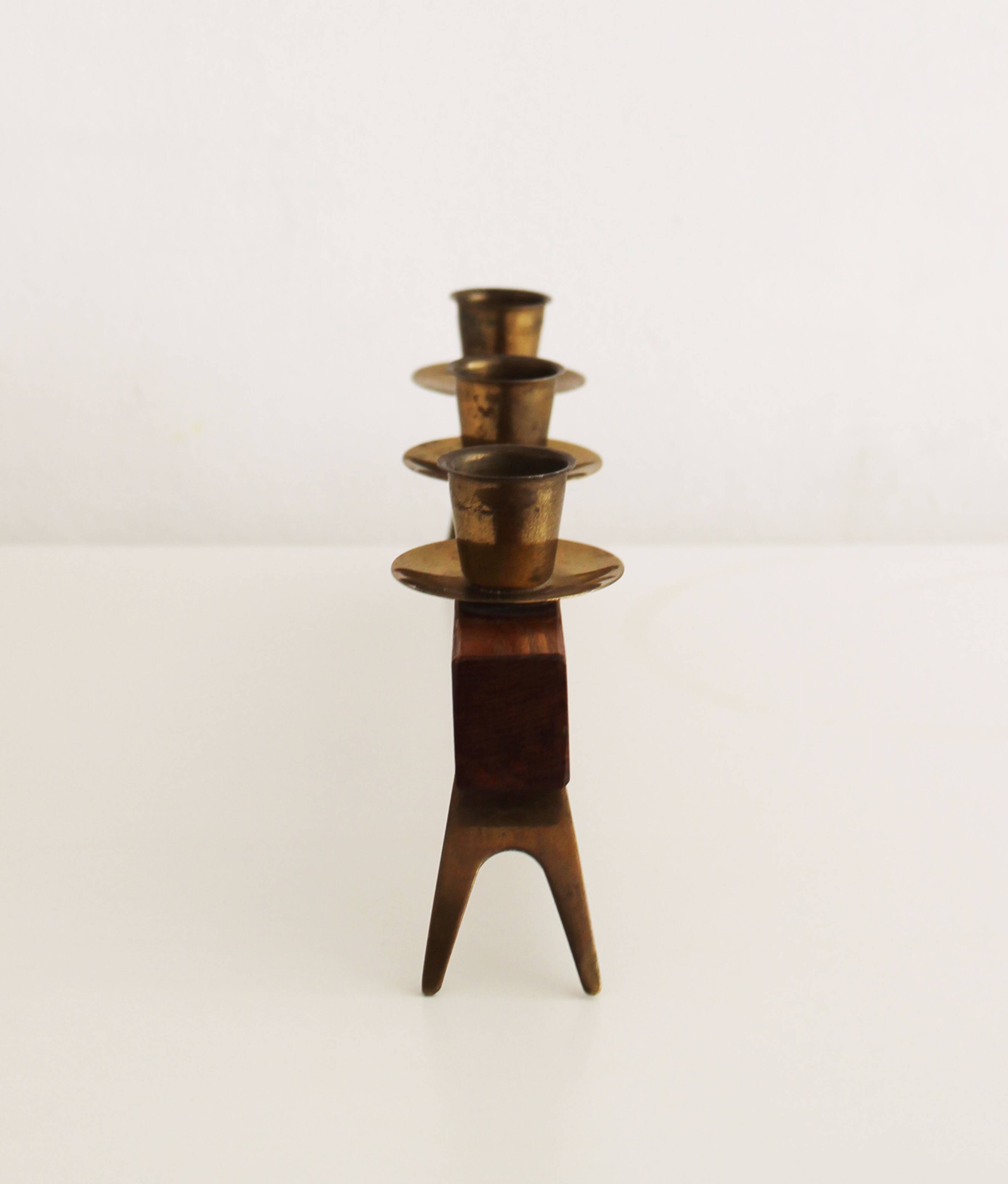 1960s Sculptural Wooden & Brass Candleholder