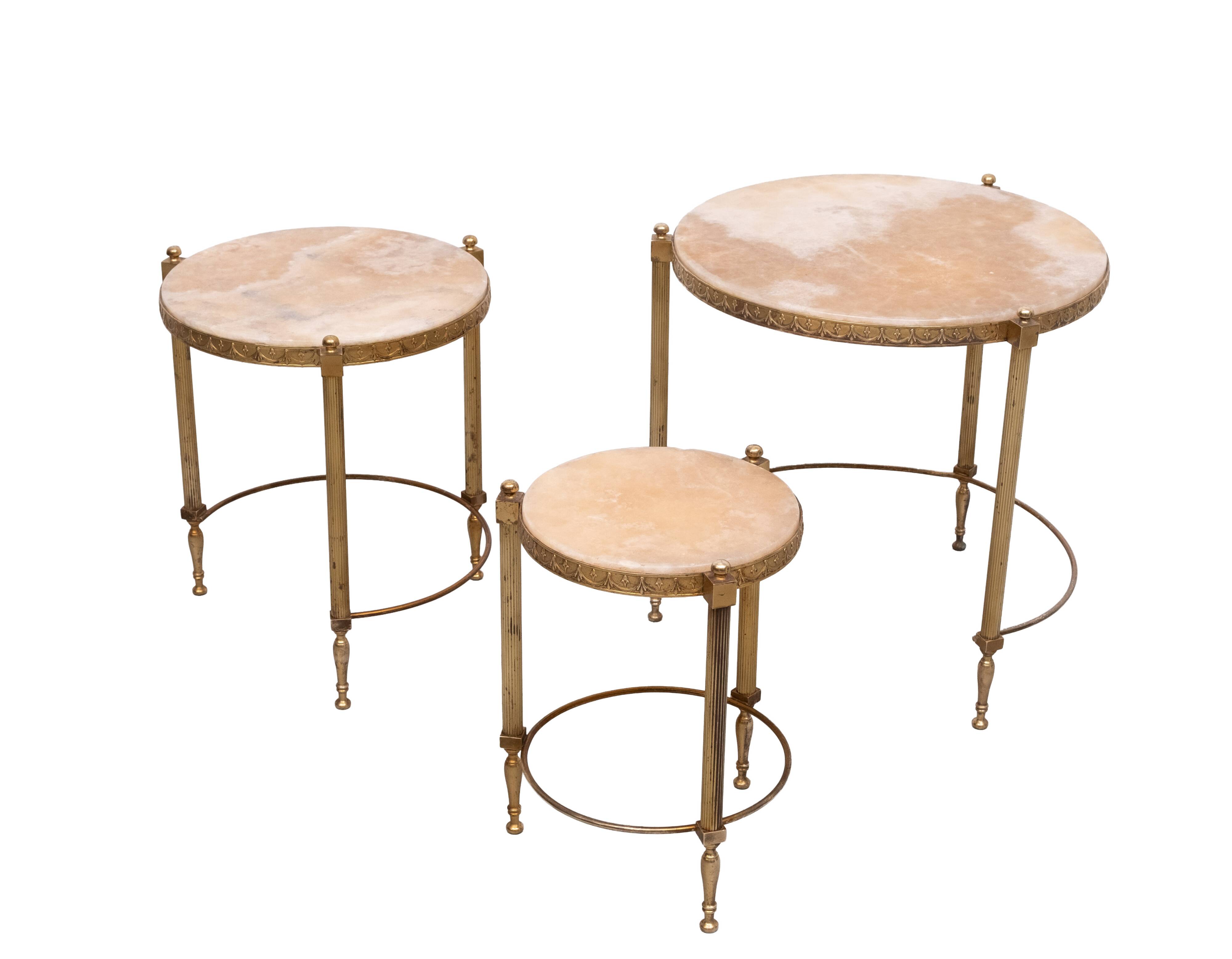 Hollywood Recency Nesting Tables Brass Onyx Marble France