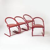 Set of 4 postmodern dining chairs in red lacquered metal and leatherette, italy, 1980s