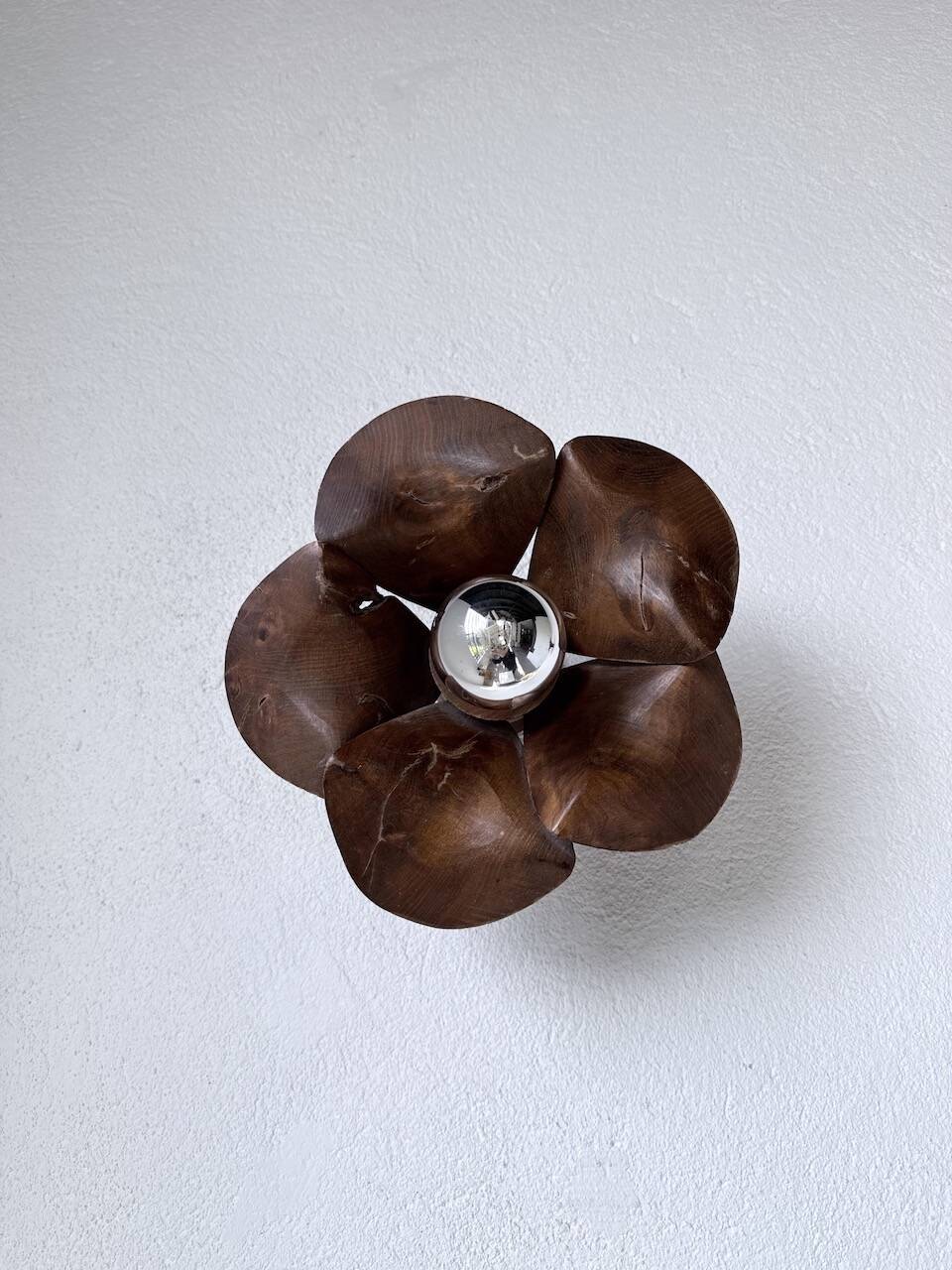 Pair of wooden flower wall lights from the 1970s.