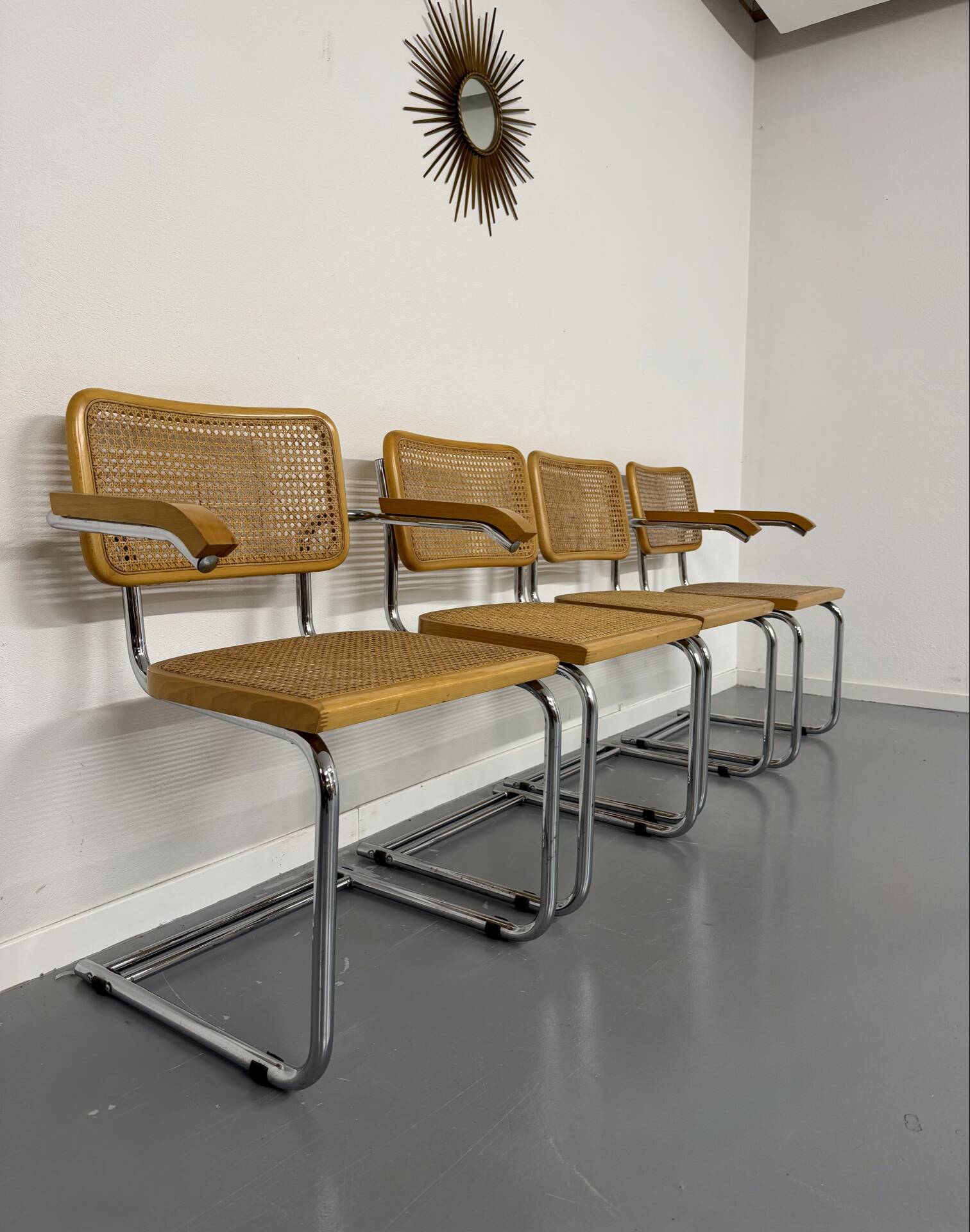 Set of 4 cane cantilever chairs and armchairs, Cesca, 1970s.