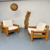 Set of 2 armchairs in solid pine with boucle fabric, 1970s Scandinavian design.