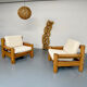 Set of 2 armchairs in solid pine with boucle fabric, 1970s Scandinavian design.