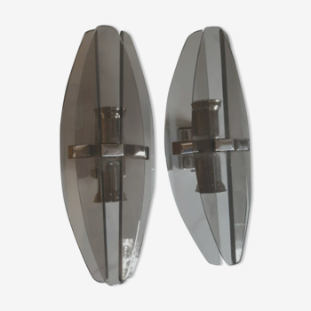 Pair of sconces smoked glass and chrome , italy 1970