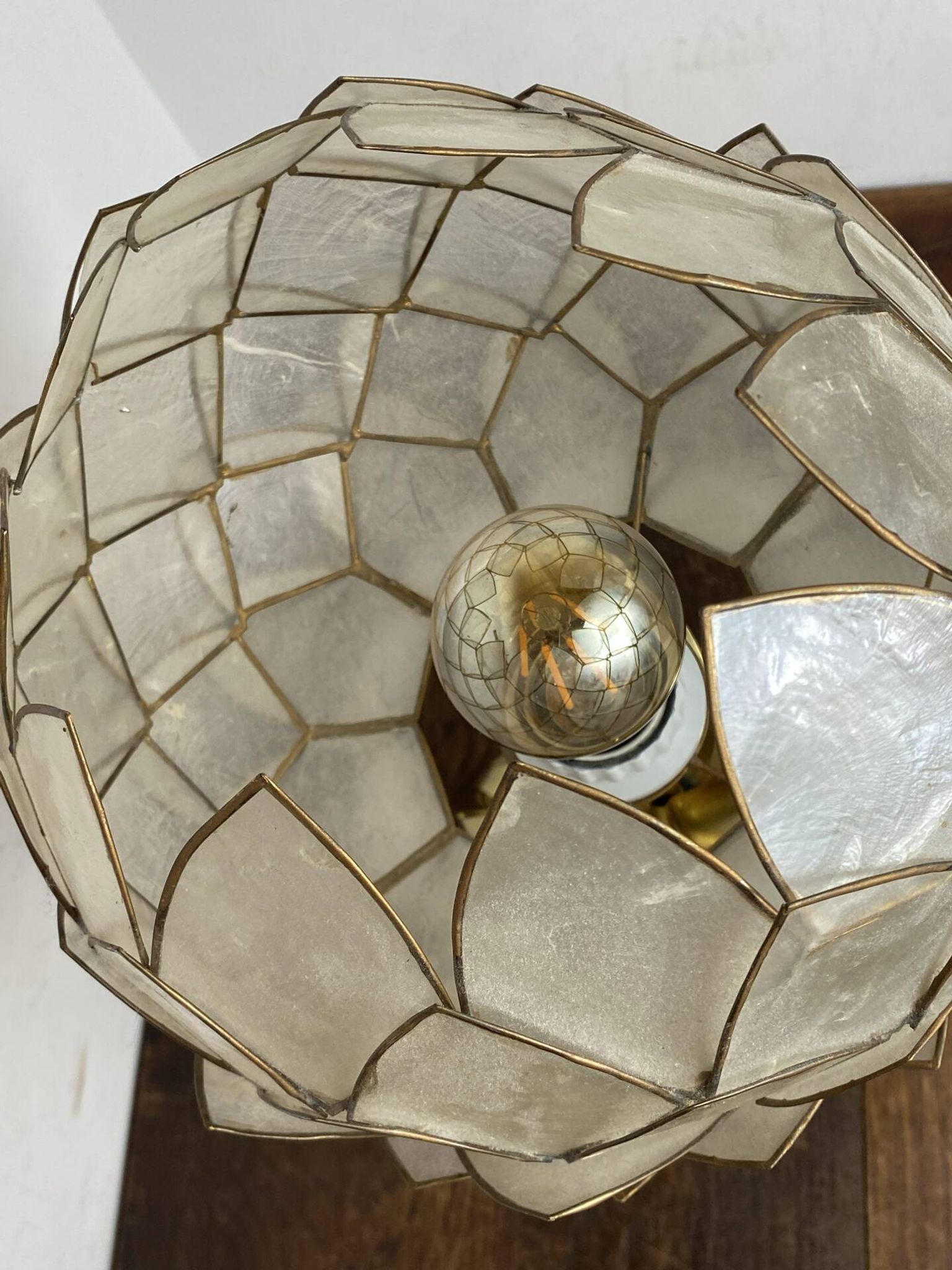 Brass lamp, metal and mother-of-pearl