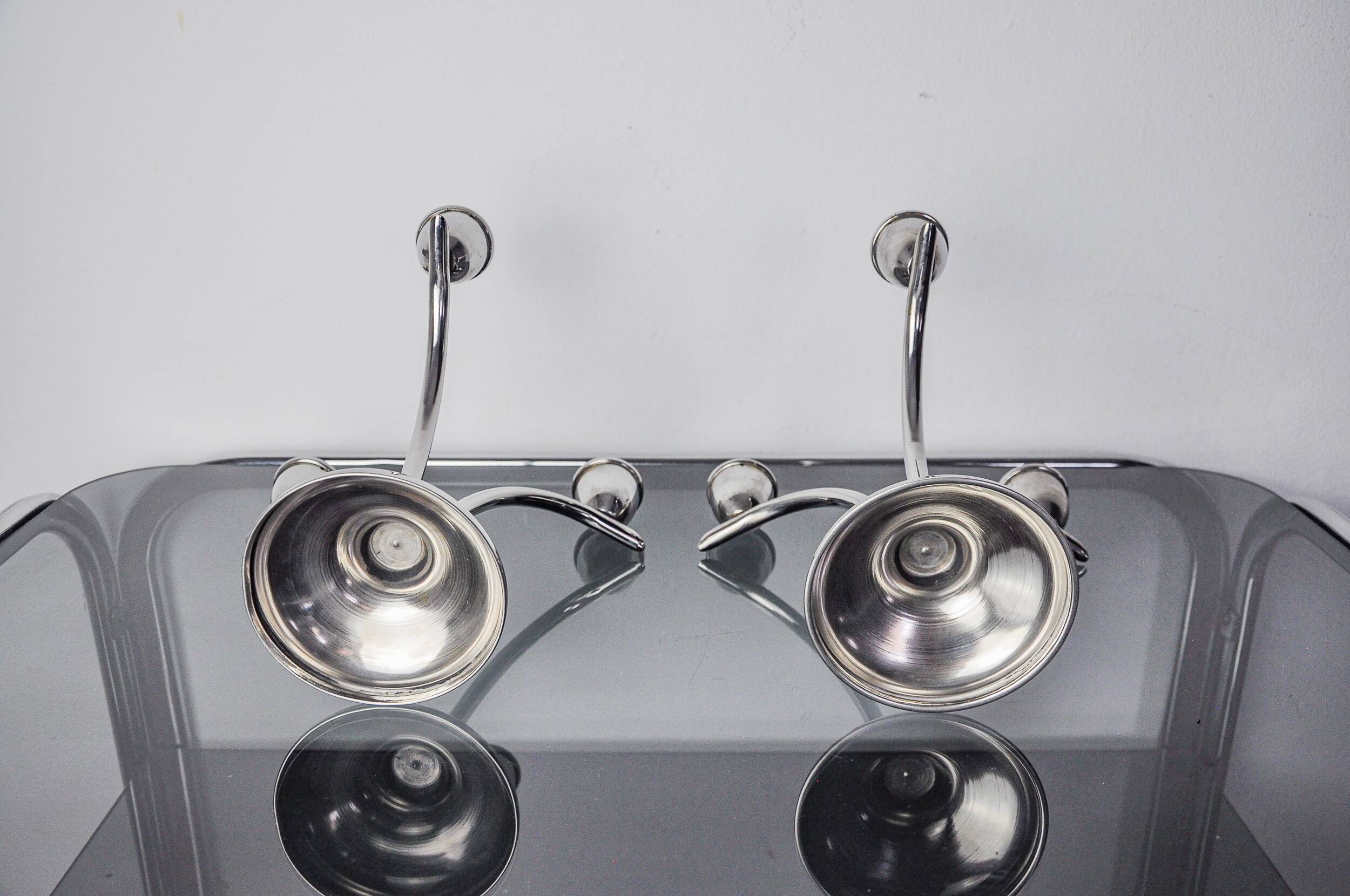 Pair of art deco stainless steel 3-flame candlesticks, Spain, 1970