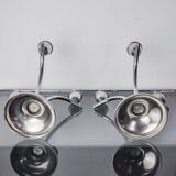 Pair of art deco stainless steel 3-flame candlesticks, Spain, 1970