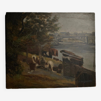 Oil on cardboard early 20th century representing Nantes or Paris