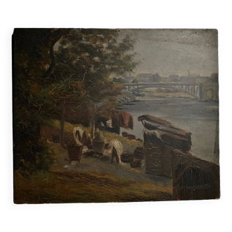 Oil on cardboard early 20th century representing Nantes or Paris