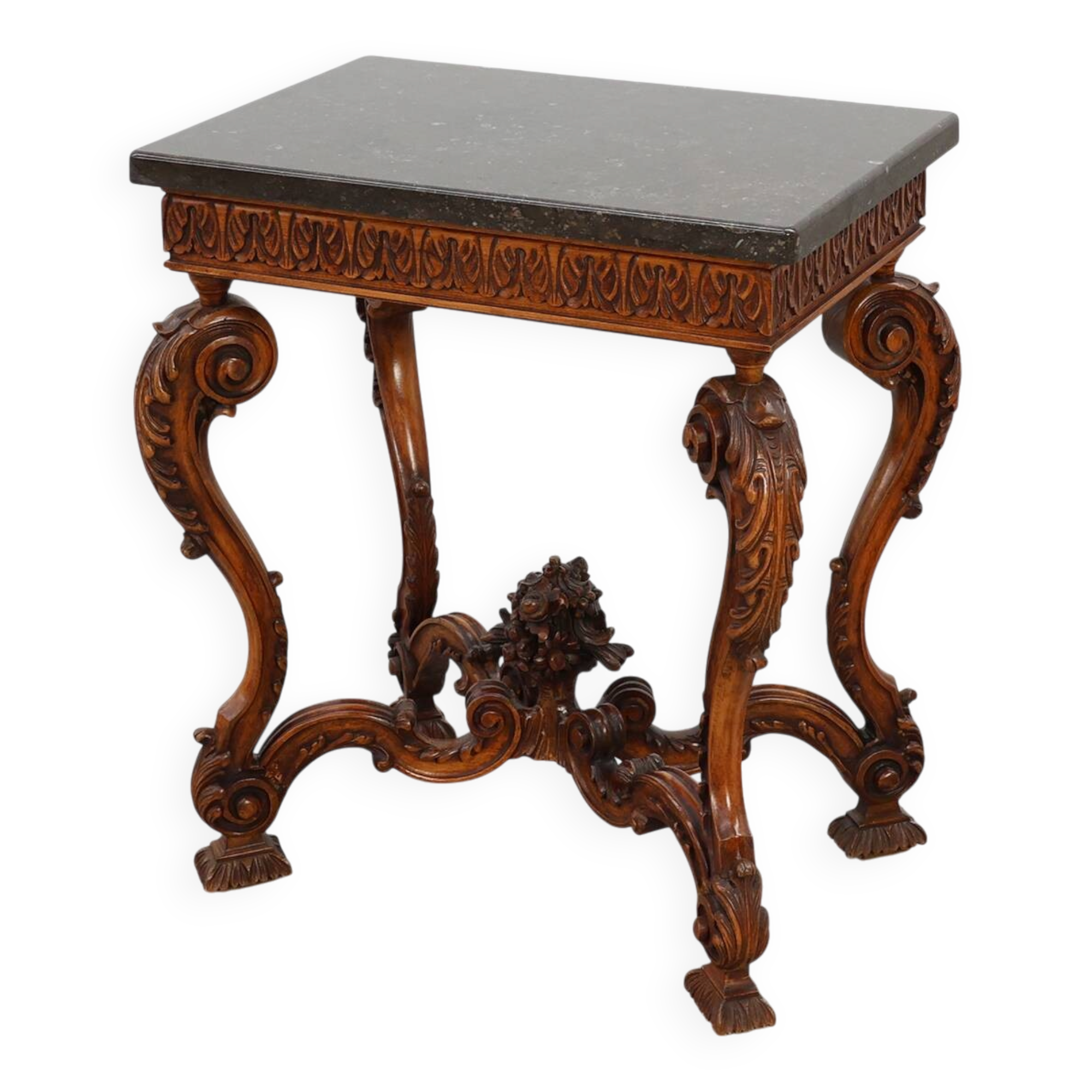 Table d'appoint en noyer sculpté de style Napoléon III avec plateau en Ardune, France vers 190.