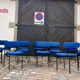 🪑 Set of 13 vintage blue fabric chairs – black metal legs – Guer style