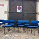 13 chaises vintage en tissu bleu et métal noir dans le goût de Guermonprez