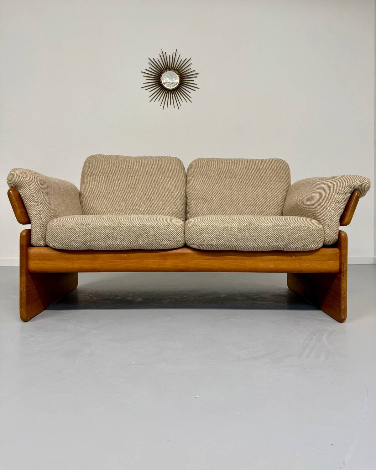 Old sofa in solid elm and vintage 80s design fabric Seltz France