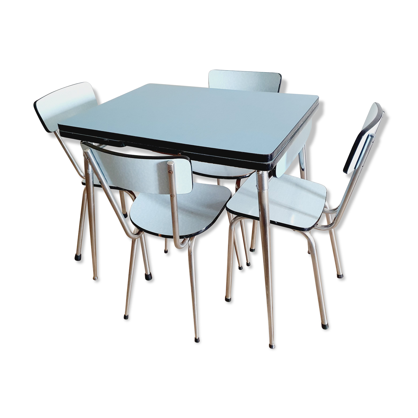 Table et 4 chaises en formica bleu