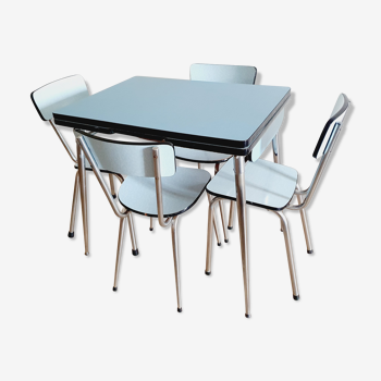 Table et 4 chaises en formica bleu