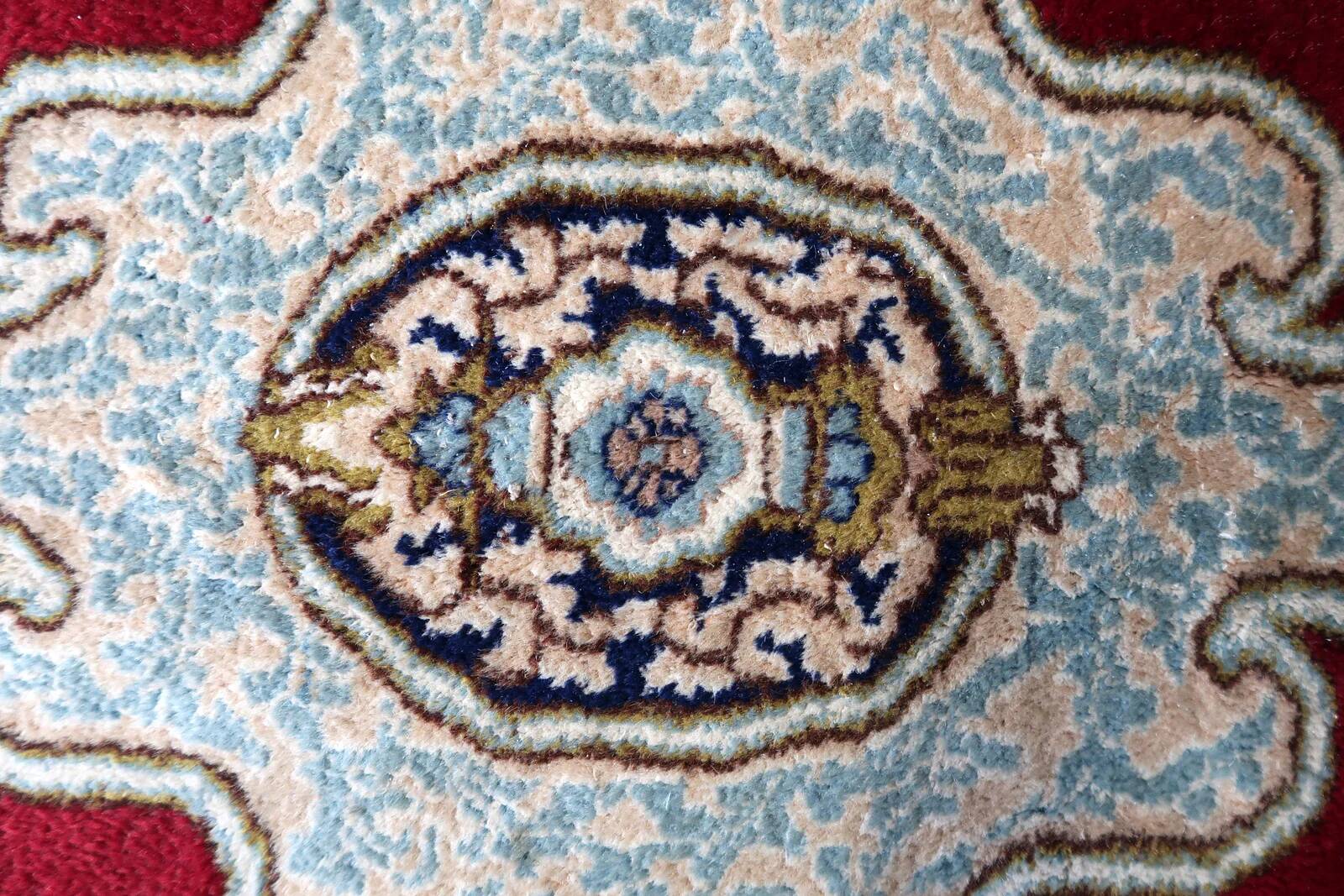 Antique Kerman Kork wool rug, open field medallion, crimson & navy, c. 1930s — 237 × 302 cm — 1C1280