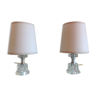 Pair of bedside lamps in glass and chrome metal / vintage 60s-70s