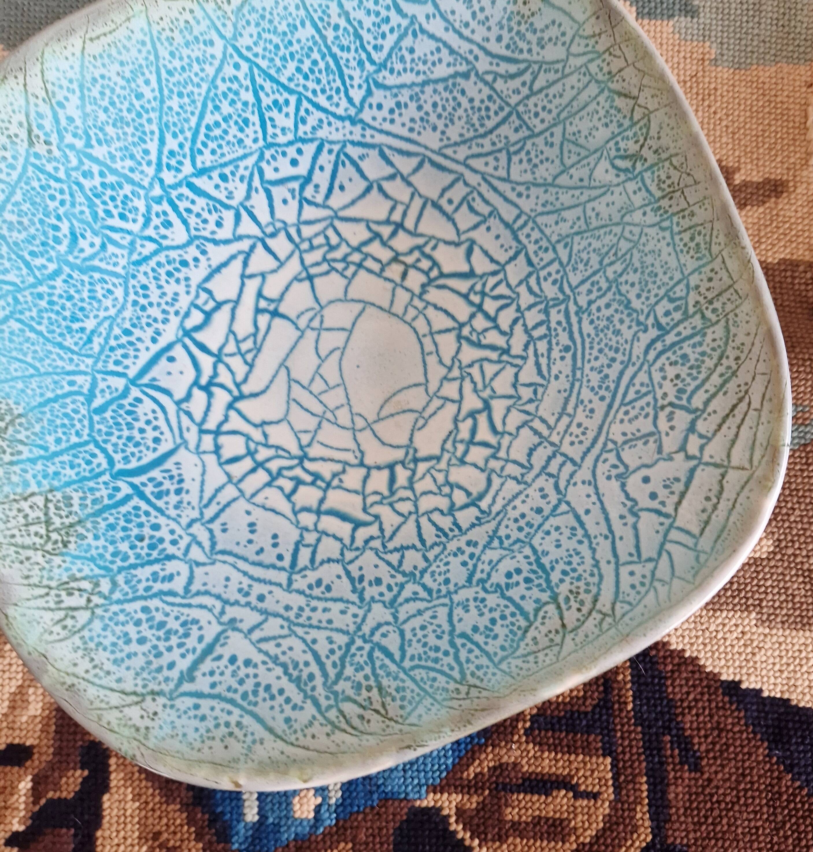 Square dish salad bowl bowl keraluc quimper ceramic turquoise blue cracked effect stamped with u