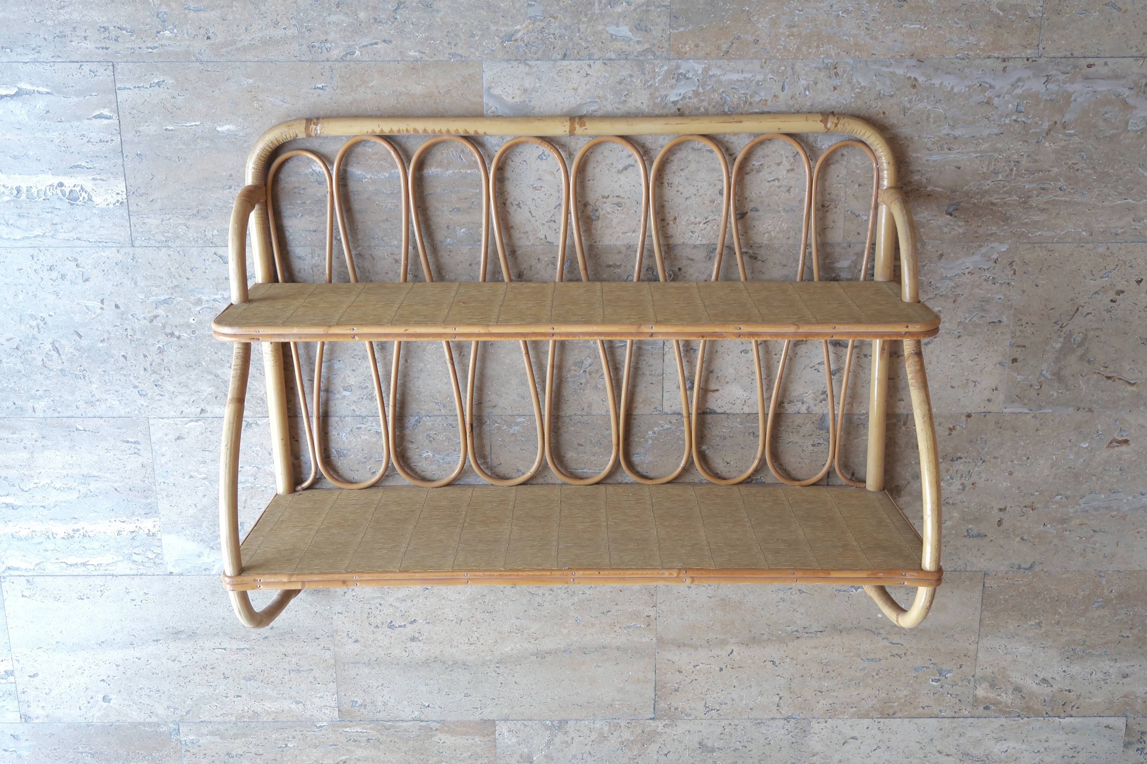 Wall shelf in rattan and bamboo, 70s
