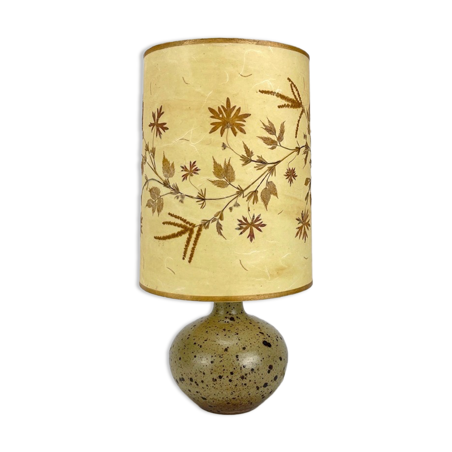 Lampe champêtre en grès pyrité et fleurs séchées années 70