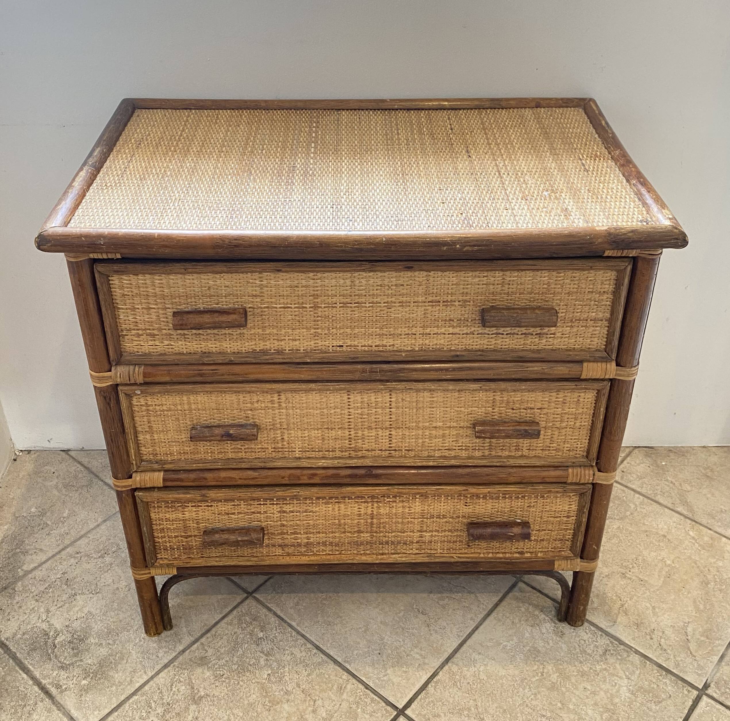 Vintage 1970s bamboo rattan 3-drawer chest of drawers.