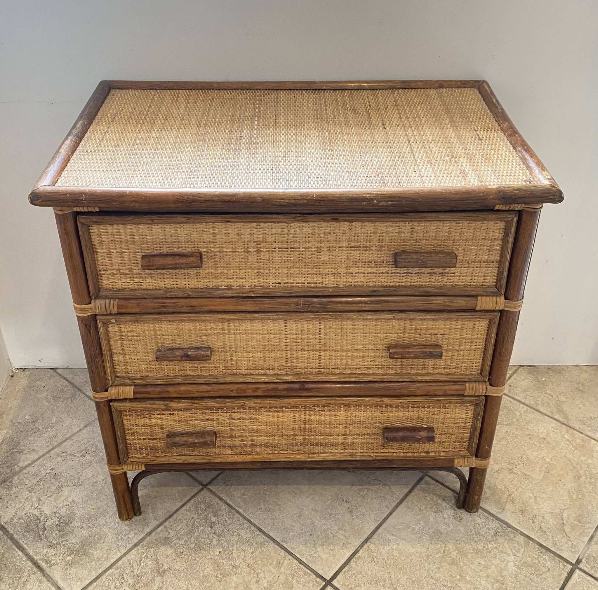 Vintage 1970s bamboo rattan 3-drawer chest of drawers.