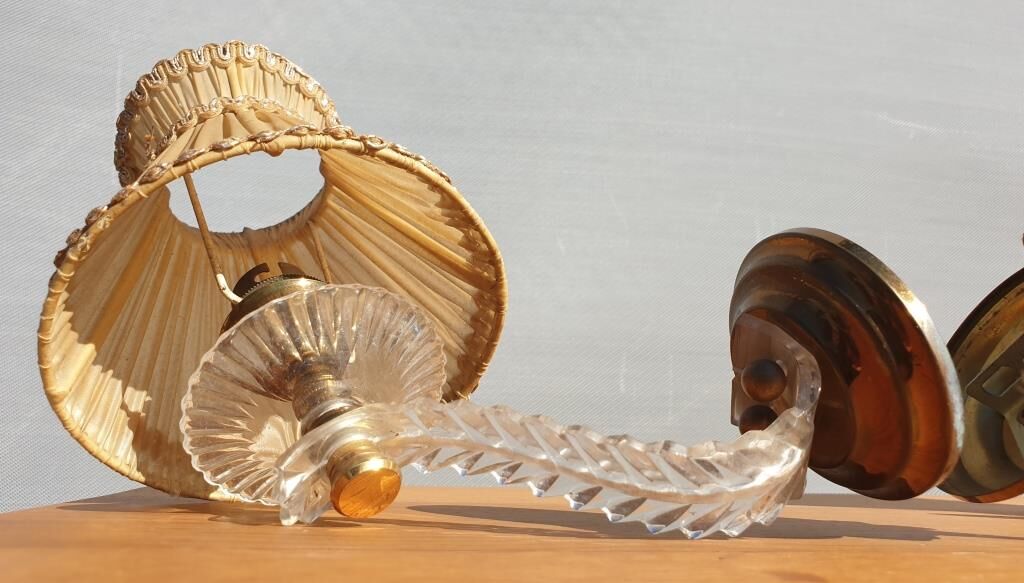 Pair of vintage wall lamps plexi lampshade pleated gold