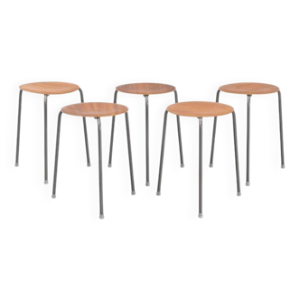 Set of Five Scandinavian Stackable Teak Veneered Stools – Danish Design, Mid-20th Century