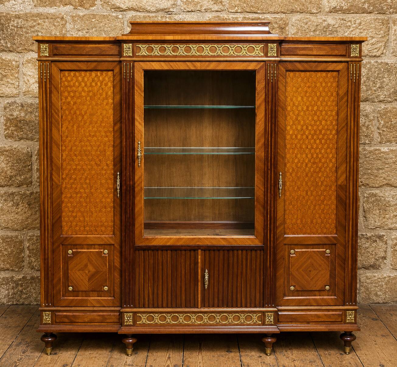 Important showcase library in fine wood and marquetry, stamped.