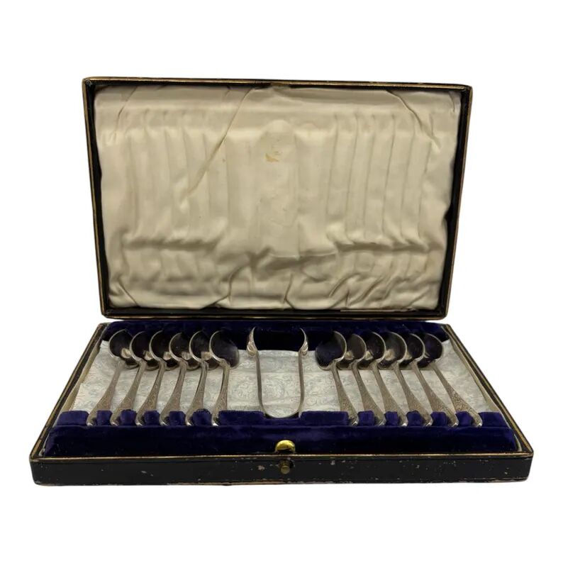 Service of 12 silver-plated metal coffee spoons with tongs and box from around 1900.