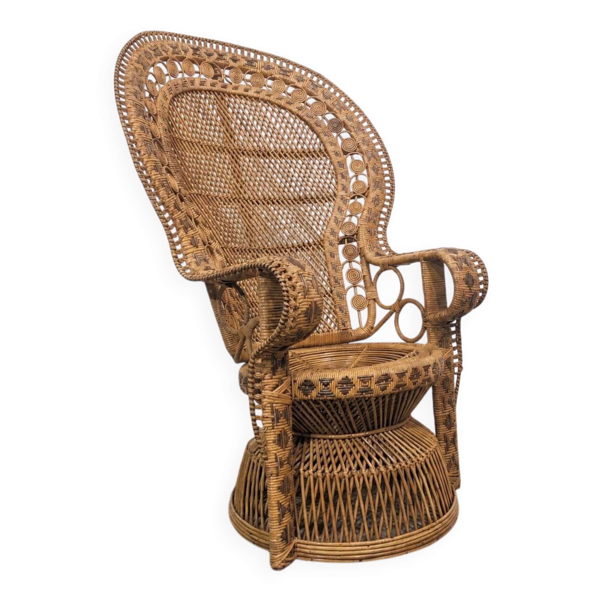 Fauteuil Paon vintage en rotin et osier — années 70